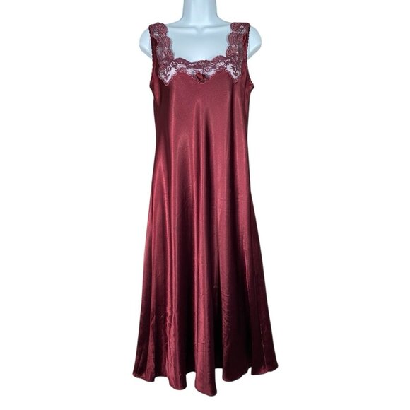 Vintage Christian Dior Satin & Lace Nightgown Size Small Maxi Slip Dress Maroon - Picture 1 of 14